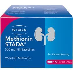 Blaue Verpackung von Methionin STADA Tabletten zur Harnansäuerung.