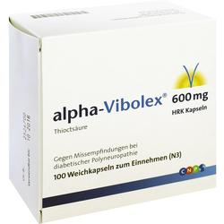 Eine Packung alpha-Vibolex 600 mg Kapseln gegen diabetische Nervenschmerzen.