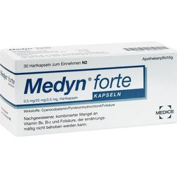 Eine weiße Packung Medyn forte Kapseln zur Behandlung von Vitaminmangel.