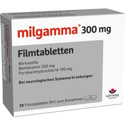 Verpackung von Milgamma Filmtabletten mit 300 mg für neurologische Erkrankungen.