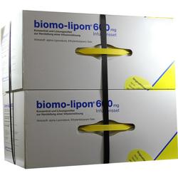 Zwei graue Kartons mit der Aufschrift "biomo-lipon 600 mg" sind mit einem schwarzen Band verbunden.