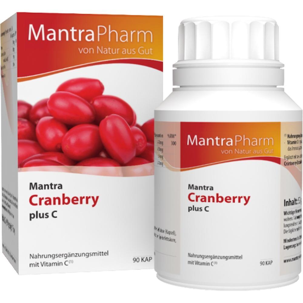 Eine Packung und eine Flasche MantraPharm Cranberry plus C Nahrungsergänzungsmittel.
