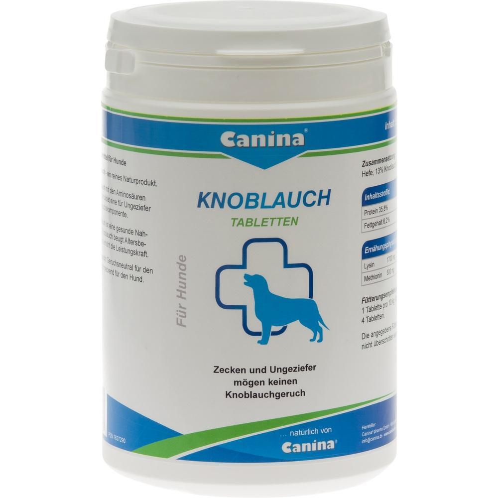 Weiße Dose mit Knoblauch-Tabletten für Hunde gegen Zecken und Ungeziefer.