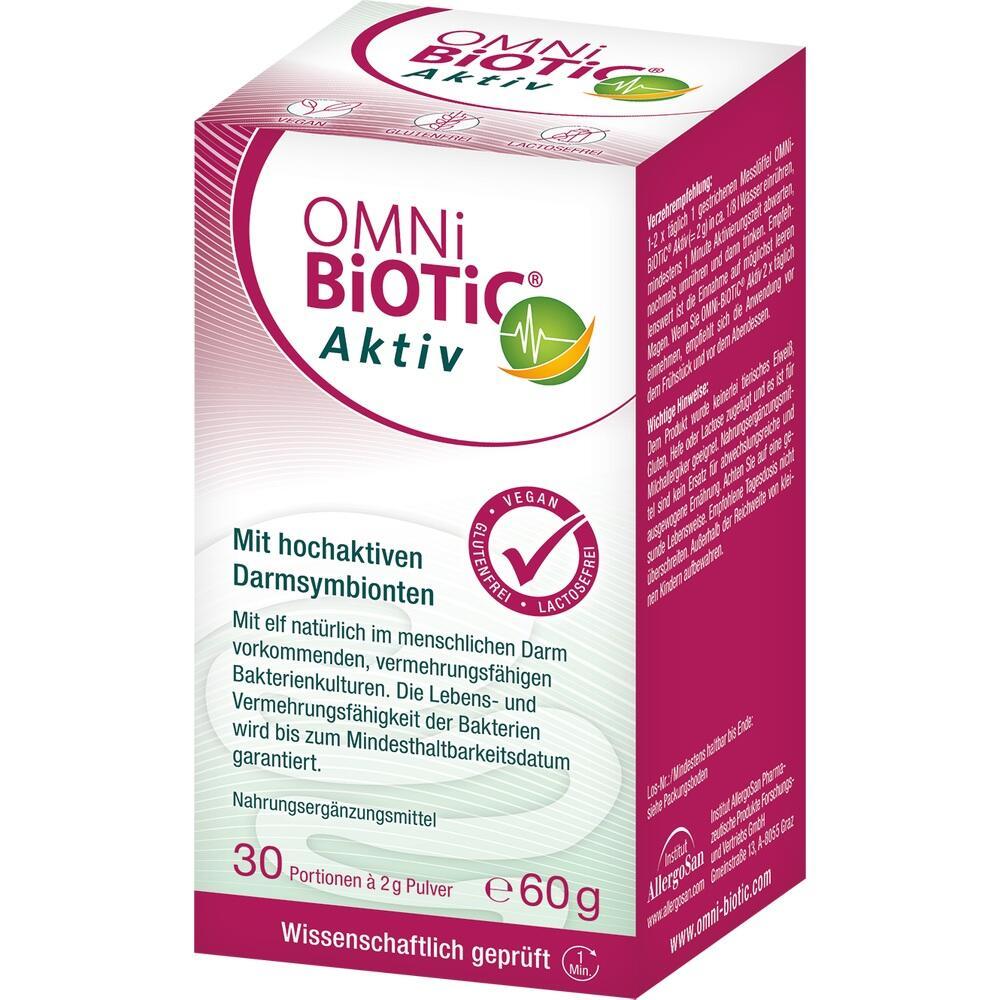 Die Verpackung von Omni Biotic Aktiv zeigt ein Nahrungsergänzungsmittel für die Darmgesundheit.