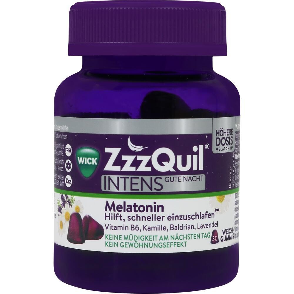 Lila Dose mit ZzzQuil Melatonin Weichgummis, hilft beim Einschlafen.