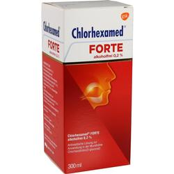 Rote und weiße Verpackung von Chlorhexamed Mundspülung ohne Alkohol.
