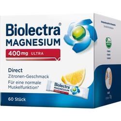 Weiße Verpackung von Biolectra Magnesium mit Zitronen-Geschmack, 400 mg, 60 Stück.