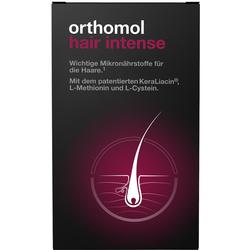Schwarze Verpackung von Orthomol Hair Intense mit pinkem Haarwurzel-Symbol.